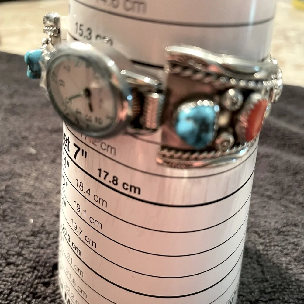 Vintage Navajo Turquoise & Coral Nugget Watchband Featuring New Watch - Picture 9 of 10